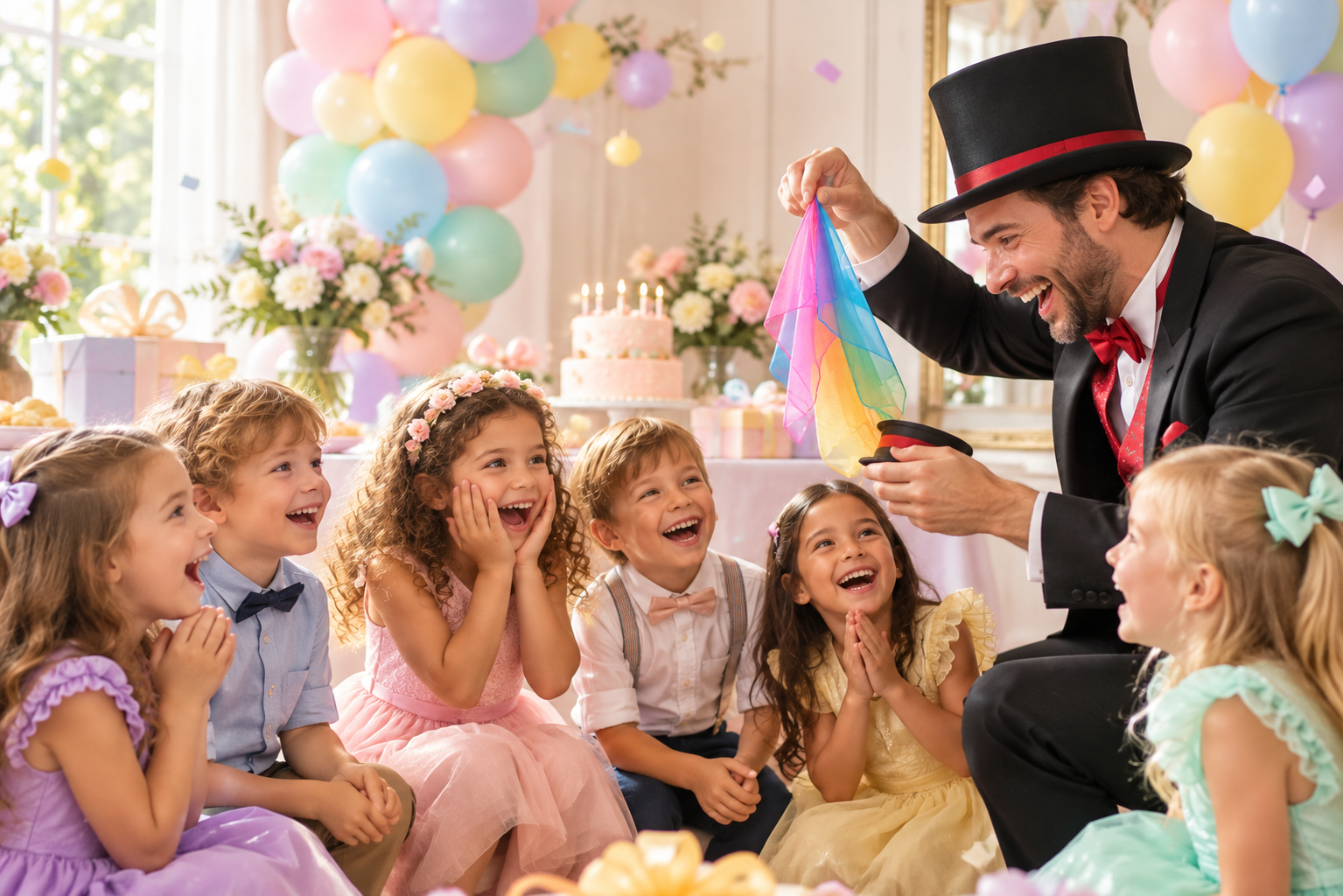 Un magicien présente un tour de foulards colorés aux enfants