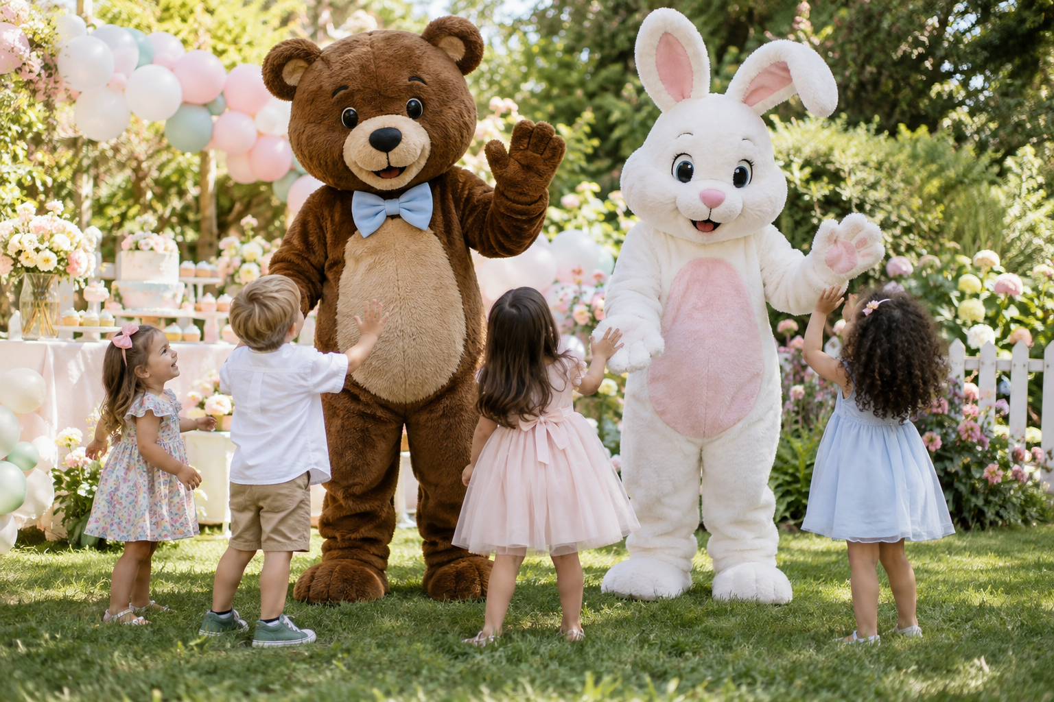 Des mascottes ours et lapin accueillent les enfants