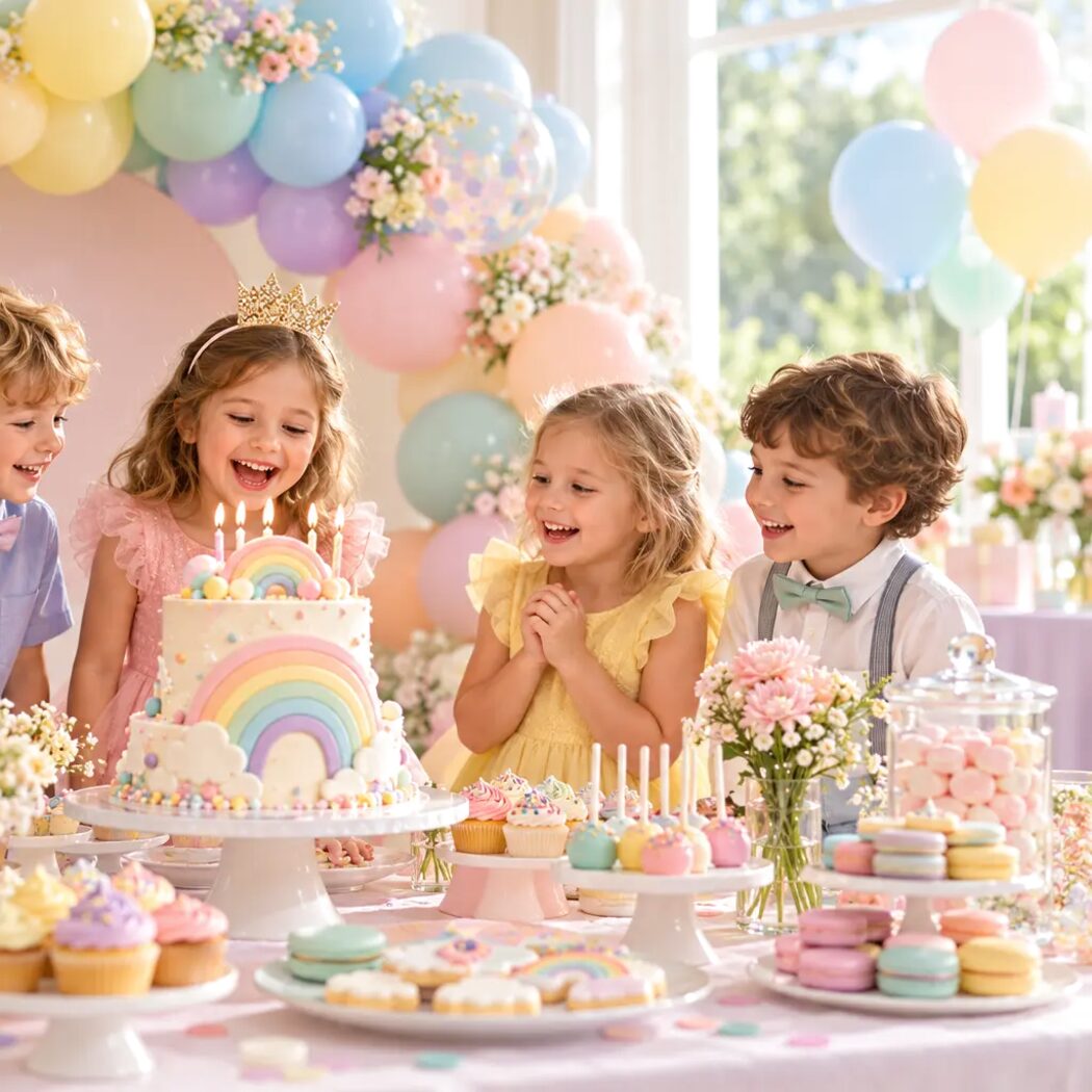 Enfants réunis autour d’un gâteau arc-en-ciel