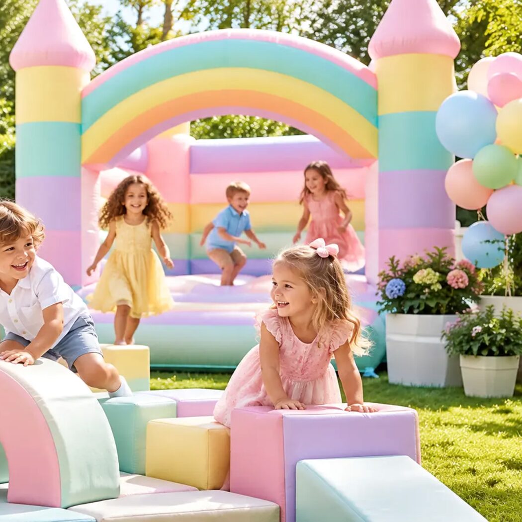 Enfants jouant dans un décor arc-en-ciel pastel