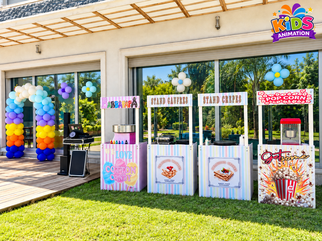 Stands de barbe à papa, gaufres, crêpes et popcorn Kids Animation à Casablanca, accompagnés d’une arche de ballons multicolores.