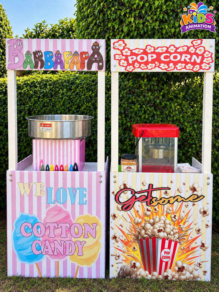 Stands popcorn et barbe à papa à Casablanca, avec leurs machines et décorations Kids Animation.